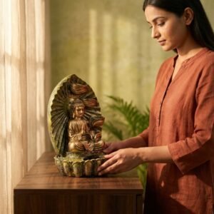 Buddha Tabletop Water Fountain – Indoor Meditation Waterfall with Leaf Backdrop, Decorative Zen Fountain for Home, Office & Spiritual Décor