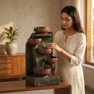 Tabletop Water Fountain with Cascading Bowls – Rustic Stone Finish Indoor Waterfall for Home, Office & Meditation Décor