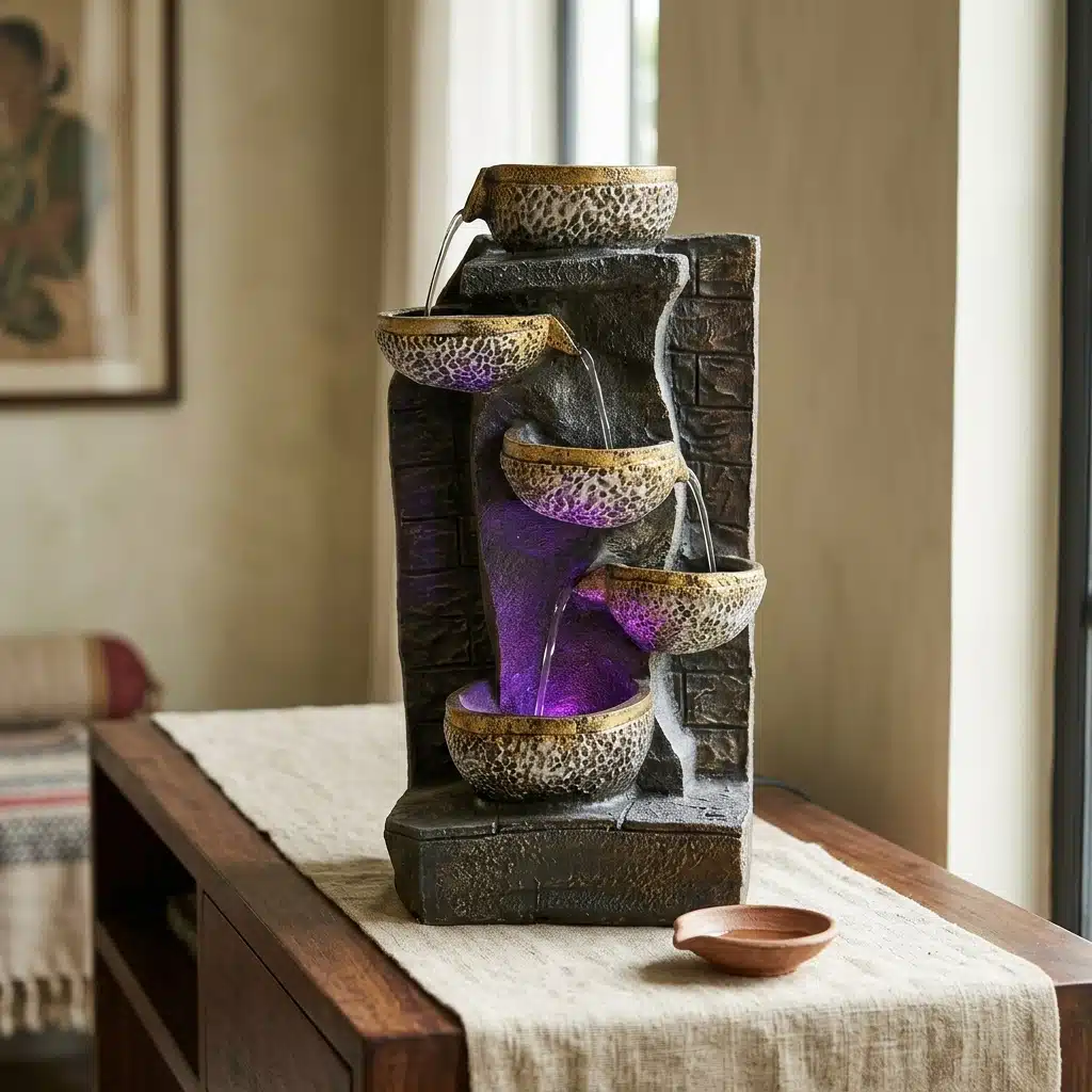 LED Indoor Zen Water Fountain with Cascading Bowls for Home Decor - Image 3