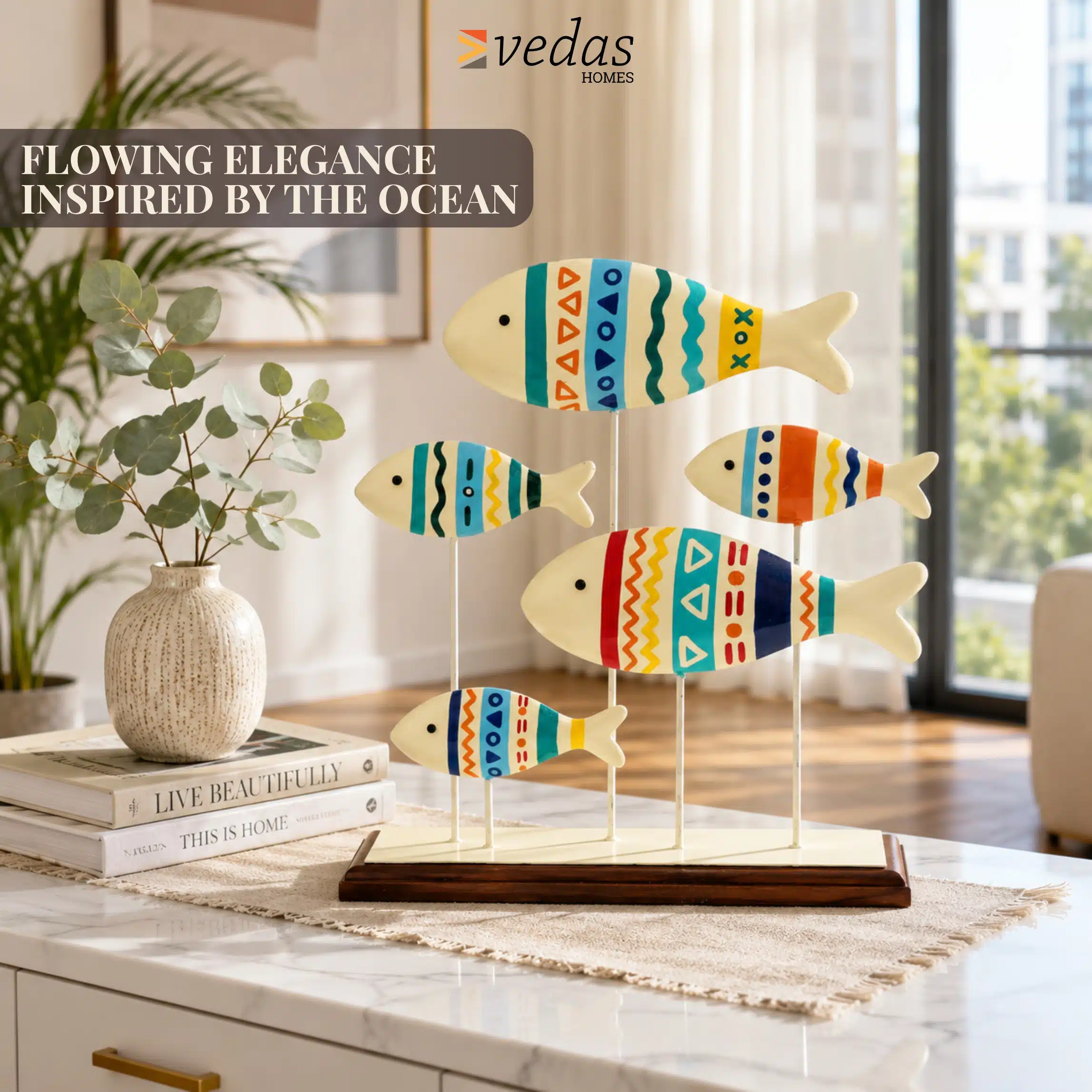 Wooden Fish Showpiece | Suki Metal & Wood Fish Table Decor - Image 2