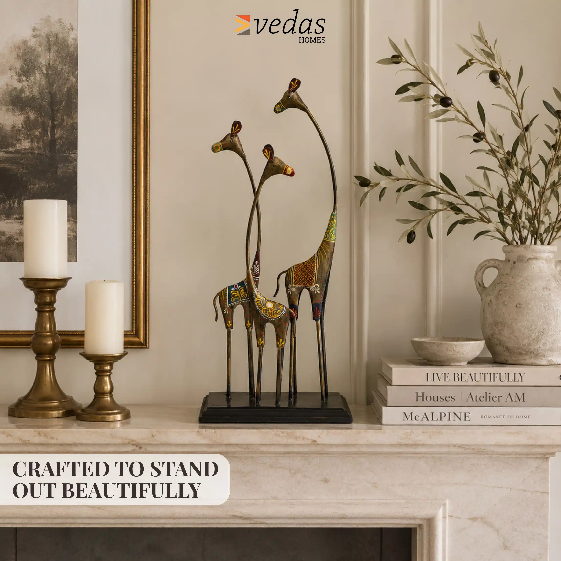 Tall Giraffe Showpiece | Handpainted Metal & Wood Decorative Figurine - Image 2
