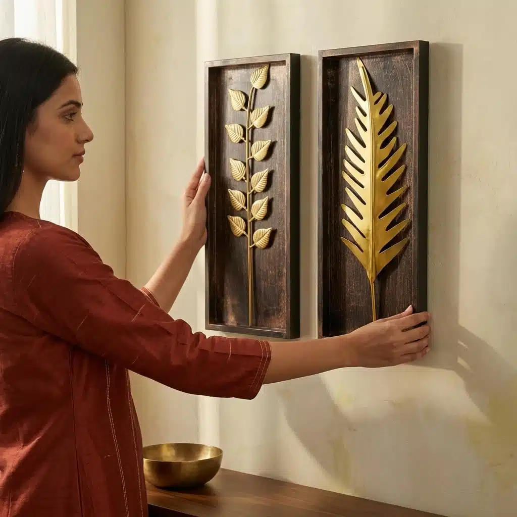 Gold Wall Decor Set of 2 – Metal and MDF Art Panels 8x20 - Image 2
