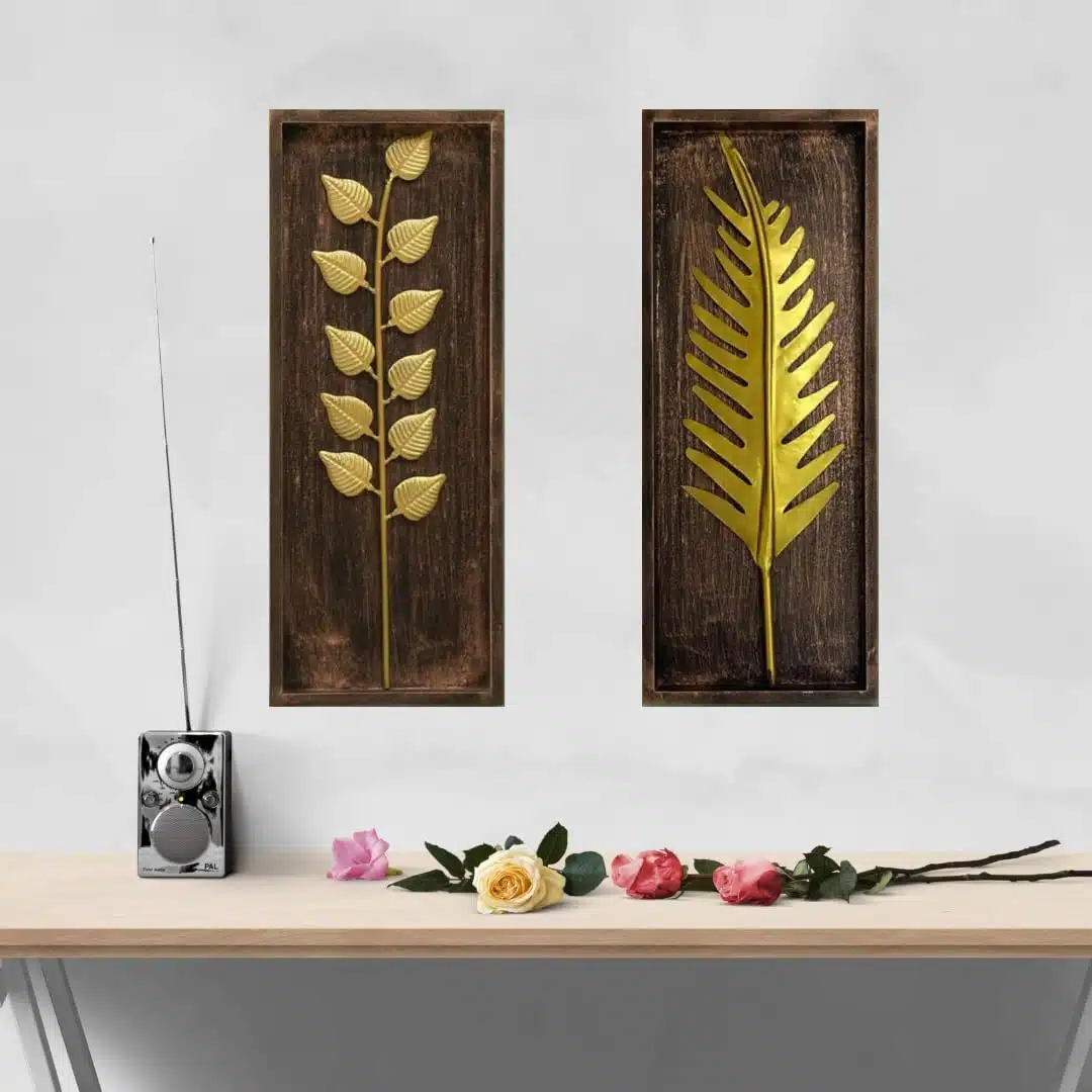 Gold Wall Decor Set of 2 – Metal and MDF Art Panels 8x20