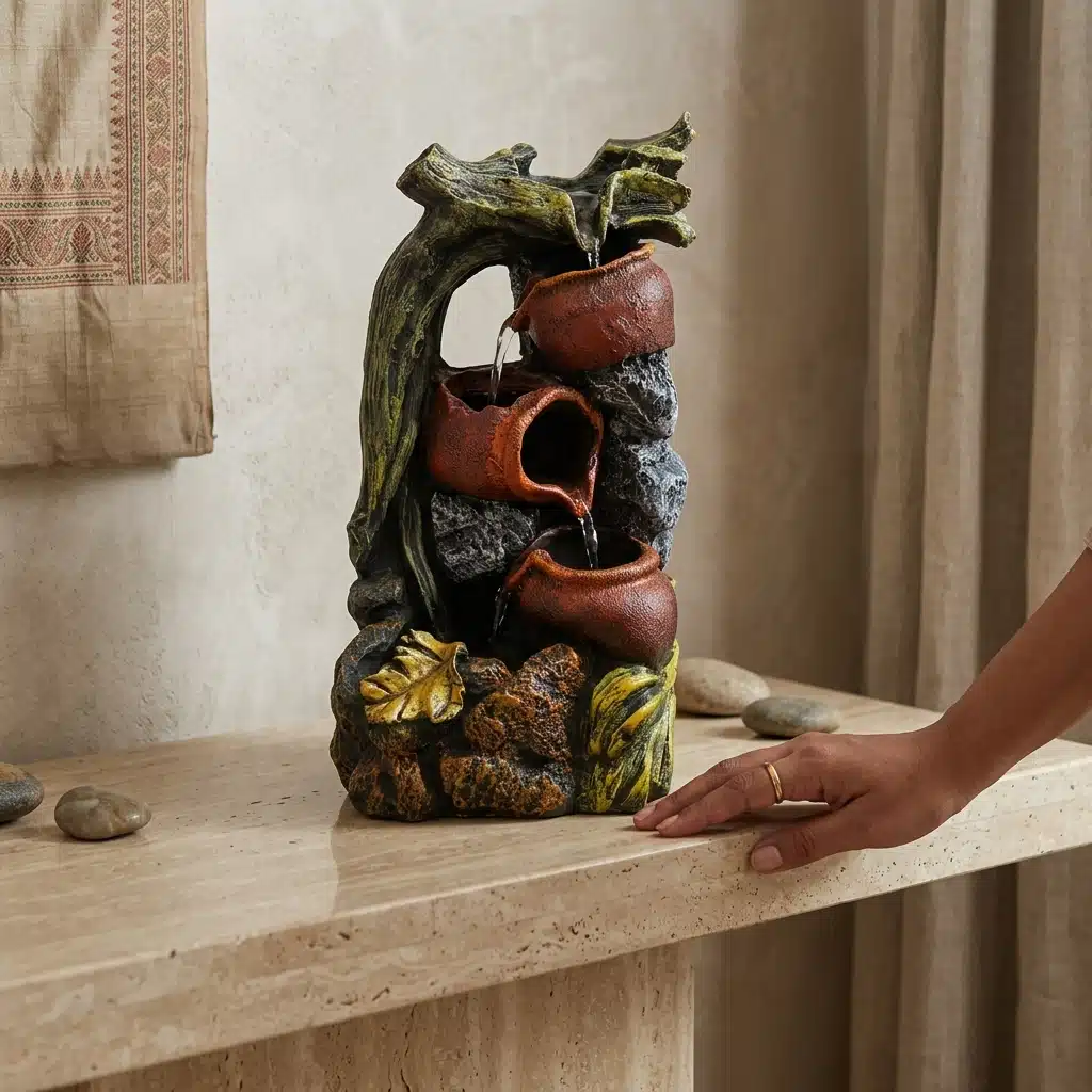 Rustic hanging pot indoor water fountain with cascading waterfall design for home décor