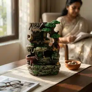 Resin Tabletop Water Fountain with Village Hut & Tree – Rustic Indoor Waterfall Décor for Home, Office & Gifting