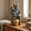 stone stack tabletop water fountain with LED lighting and cascading waterfall