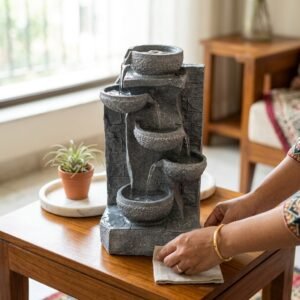 Modern Resin Cascade Bowl Water Fountain – Minimal Grey Tabletop Waterfall Décor for Home, Office, Meditation & Zen Spaces