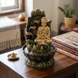Resin Buddha Tabletop Water Fountain with Rock Cascade & Base – Spiritual Indoor Waterfall Décor for Home, Office, Meditation & Zen Spaces