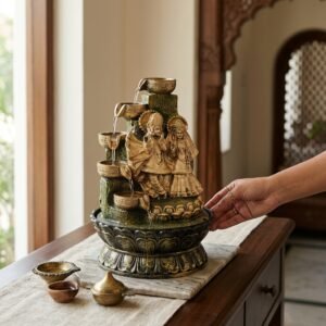 Radha Krishna Decorative Water Fountain – Resin Tabletop Indoor Waterfall Showpiece for Home Décor, Office, Temple & Gifting