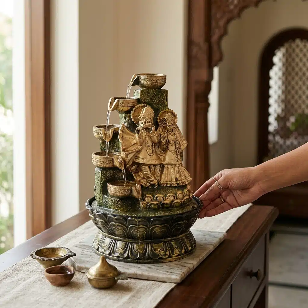 Radha Krishna tabletop indoor water fountain with cascading waterfall design