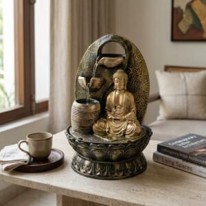 Resin Buddha Water Fountain with Arch & Pot Flow – Zen Tabletop Indoor Waterfall with Base for Home, Office, Meditation & Spiritual Décor