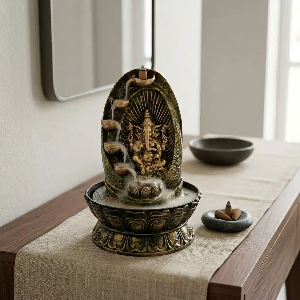 Resin Ganesha Water Fountain with Arch & Cascade – Spiritual Tabletop Indoor Waterfall with Base for Home, Office, Pooja Room & Vastu Décor