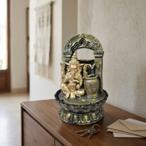 Resin Ganesha Water Fountain with Arch & Hanging Pot – Spiritual Tabletop Indoor Waterfall with Base for Home, Office, Pooja Room & Vastu Décor