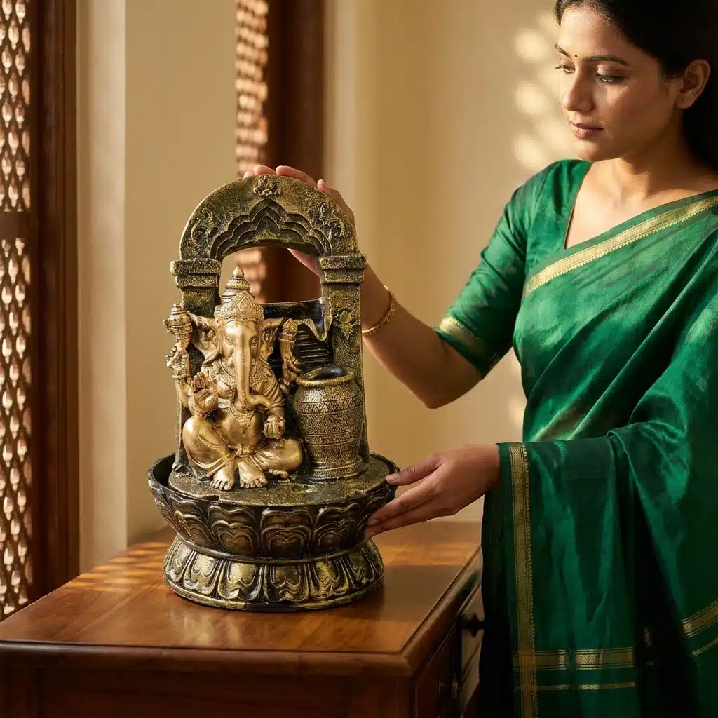 Resin Ganesha Water Fountain with Arch & Hanging Pot – Spiritual Tabletop Indoor Waterfall with Base for Home, Office, Pooja Room & Vastu Décor - Image 3