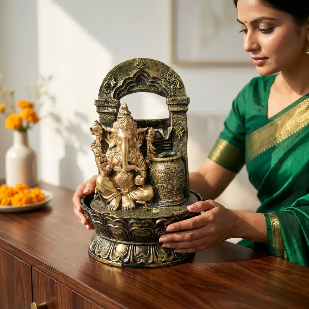 Resin Ganesha Water Fountain with Arch & Hanging Pot – Spiritual Tabletop Indoor Waterfall with Base for Home, Office, Pooja Room & Vastu Décor - Image 2