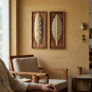 Vedas Exports Gold Metal Wall Art Set of 2 | Vertical Wall Hanging Frame Decor for Living Room, Bedroom, Office | Luxury Metal & MDF Wall Decor Panels | 8 x 20 Inch