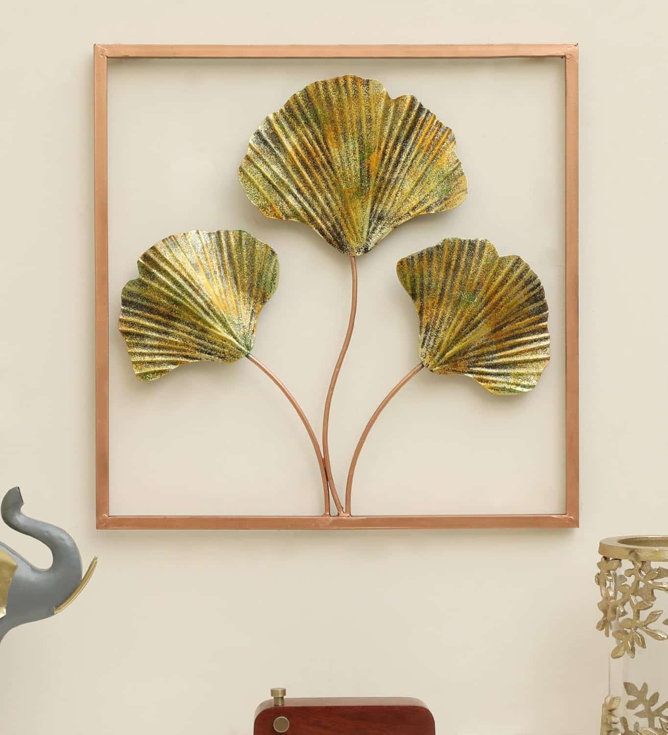 Ginkgo Leaf Wall Decor – Multicolor Metal Frame 18x18 in