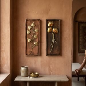 Vedas Gold Metal Leaf Wall Decor Set of 2 | Vertical Wall Hanging for Entrance Staircase Wall | Iron Wall Art | Modern Wall Decor for Living Room Bedroom Hallway (8 x 20 Inch)(Size 8 x 20 inches) (Set of 2) (Holly & Jane)