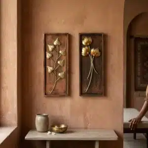 Vedas Gold Metal Leaf Wall Decor Set of 2 | Vertical Wall Hanging for Entrance Staircase Wall | Iron Wall Art | Modern Wall Decor for Living Room Bedroom Hallway (8 x 20 Inch)(Size 8 x 20 inches) (Set of 2) (Holly & Jane)