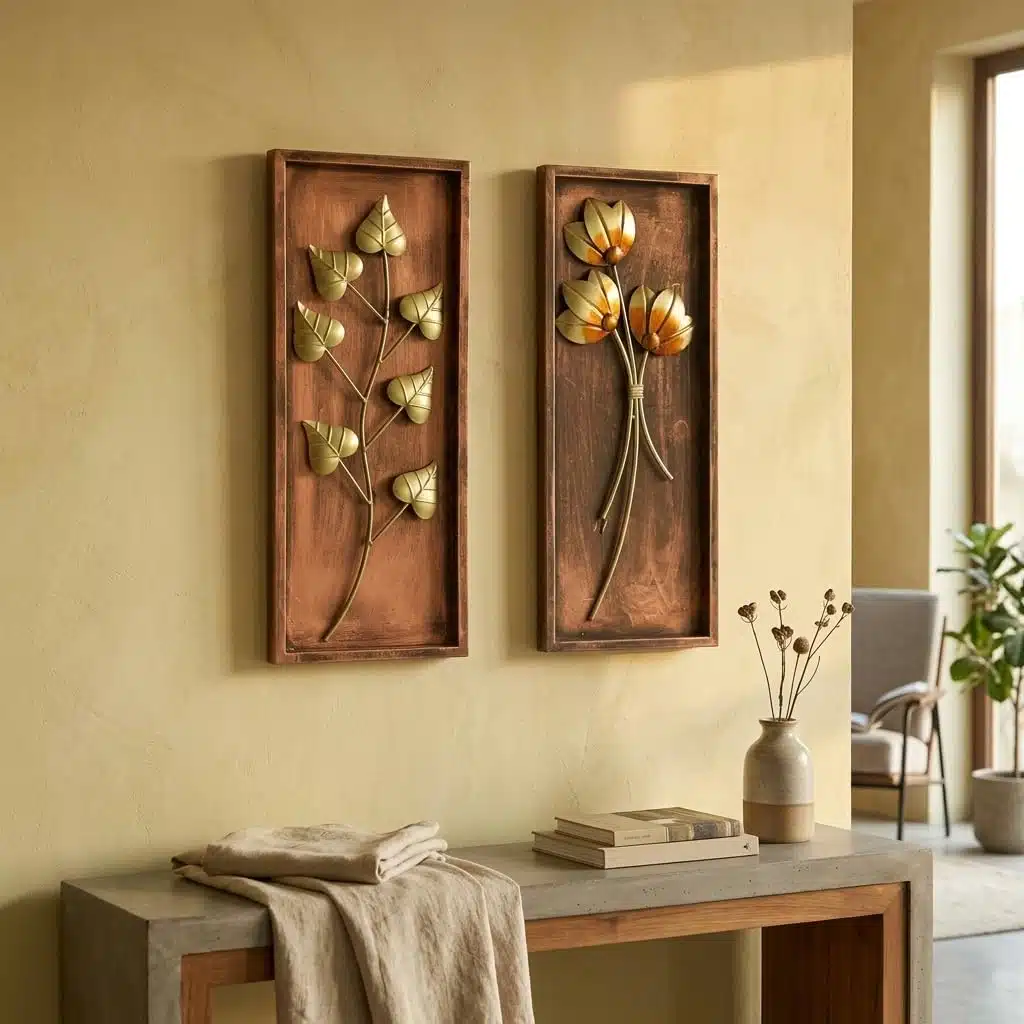Vedas Gold Metal Leaf Wall Decor Set of 2 | Vertical Wall Hanging for Entrance Staircase Wall | Iron Wall Art | Modern Wall Decor for Living Room Bedroom Hallway (8 x 20 Inch)(Size 8 x 20 inches) (Set of 2) (Holly & Jane) - Image 2