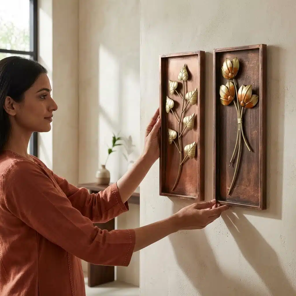Vedas Gold Metal Leaf Wall Decor Set of 2 | Vertical Wall Hanging for Entrance Staircase Wall | Iron Wall Art | Modern Wall Decor for Living Room Bedroom Hallway (8 x 20 Inch)(Size 8 x 20 inches) (Set of 2) (Holly & Jane) - Image 4