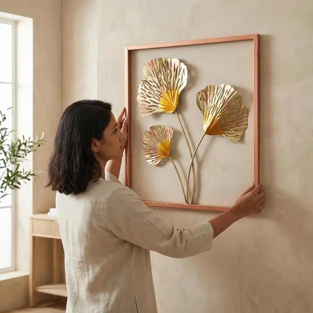 Vedas Exports Ginkgo Leaf Metal Wall Art with MDF Frame | Modern Wall Hanging Decor for Living Room, Bedroom, Dining Room | Iron Wall Decor | Home Wall Decoration | 18 x 18 Inch - Image 2