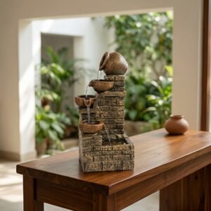 Resin Tabletop Water Fountain with Cascading Pots & Brick Wall Design | Rustic Indoor Waterfall for Home Décor, Office Desk, Living Room | Soothing Water Flow Fountain