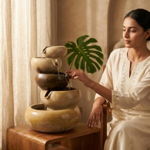 rustic indoor water fountain with cascading bowls for home décor