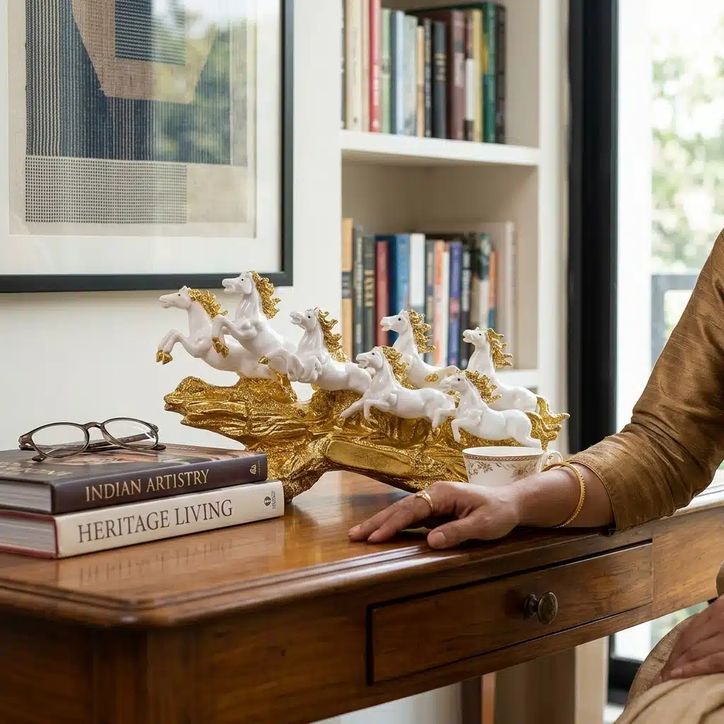 Luxury 7 Running Horses Statue for Home Décor | Seven Royal Gallop Horse Sculpture Gold & White - Image 3