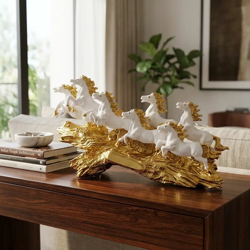 Luxury 7 Running Horses Statue for Home Décor | Seven Royal Gallop Horse Sculpture Gold & White - Image 2