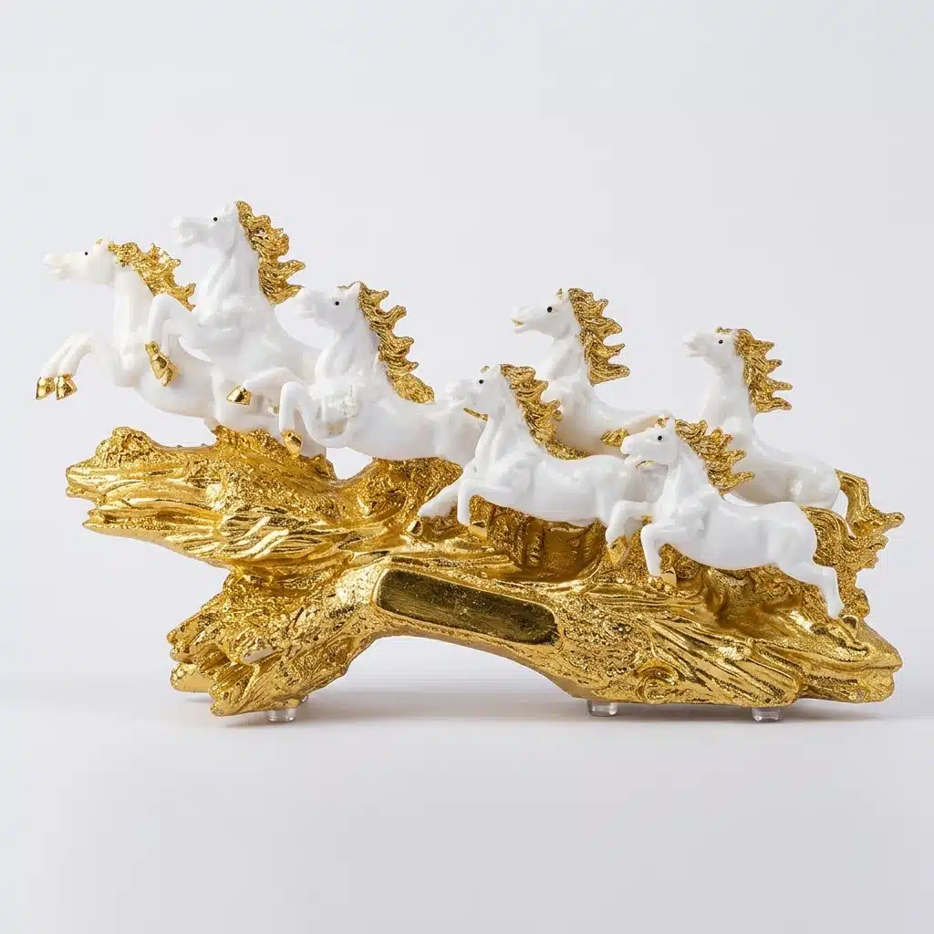 Luxury 7 Running Horses Statue for Home Décor | Seven Royal Gallop Horse Sculpture Gold & White - Image 4