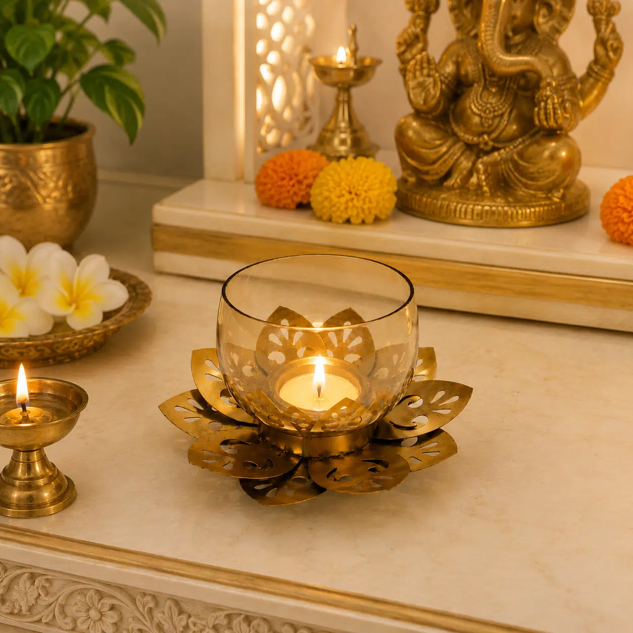 Lotus Candle Holder - Handcrafted Metal Glass Tealight Stand - Image 2