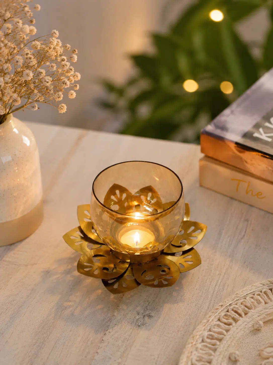 Lotus Candle Holder - Handcrafted Metal Glass Tealight Stand