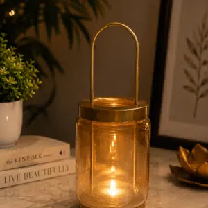 Candle Lantern - Handcrafted Glass Metal Tealight Holder Gold