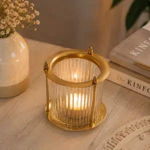 Tealight Candle Holder - Ribbed Glass with Gold Metal Frame