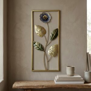 Blue Floral Wall Decor – Blossom Metal Wall Art, Gold Frame
