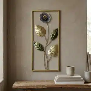 Blue Floral Wall Decor – Blossom Metal Wall Art, Gold Frame