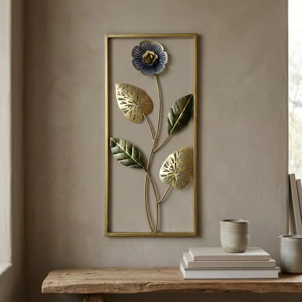 Blue Floral Wall Decor – Blossom Metal Wall Art, Gold Frame