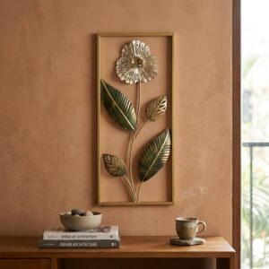 White Floral Wall Decor – Luxury Metal Wall Art, Gold Frame