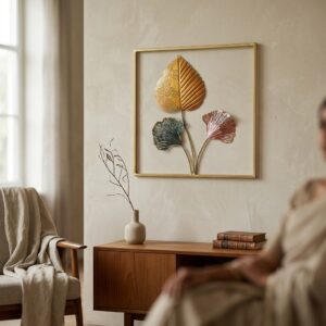 Botanical Wall Decor – Trio Leaf Metal Wall Art, Gold Frame