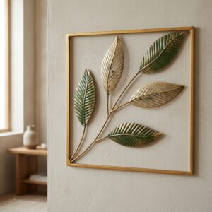 Leaf Wall Decor – Minimal Harmony Metal Wall Art, Gold Frame