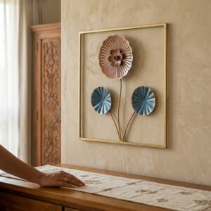 Floral Wall Decor – Modern Pastel Metal Wall Art, Gold Frame