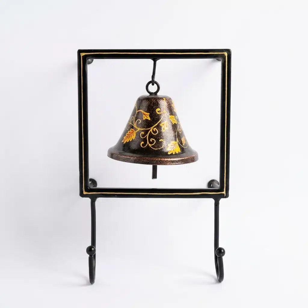 Vedas One Ghanti Grace Organizer Metal Hanging Bell Key Holder | Decorative Wall Mounted Key Rack with 2 Hooks | Handcrafted Bell Wall Decor for Entryway, Living Room & Home Organization - Image 4