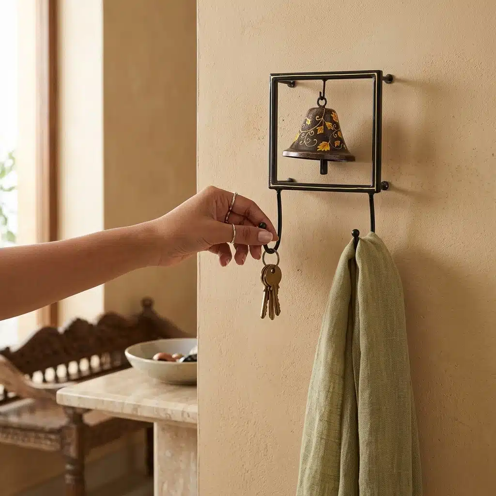 Vedas One Ghanti Grace Organizer Metal Hanging Bell Key Holder | Decorative Wall Mounted Key Rack with 2 Hooks | Handcrafted Bell Wall Decor for Entryway, Living Room & Home Organization - Image 3