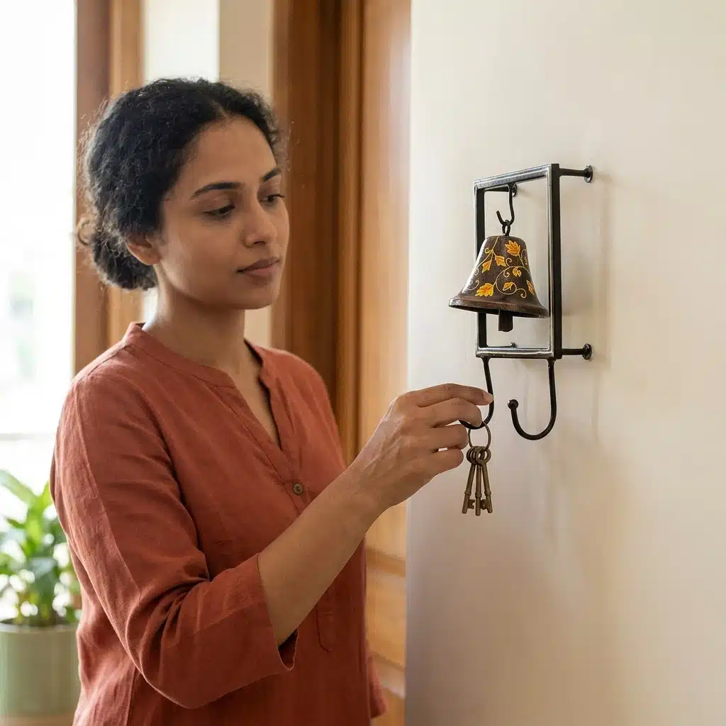 Vedas One Ghanti Grace Organizer Metal Hanging Bell Key Holder | Decorative Wall Mounted Key Rack with 2 Hooks | Handcrafted Bell Wall Decor for Entryway, Living Room & Home Organization - Image 2