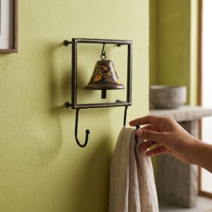 Vedas One Ghanti Grace Organizer Metal Hanging Bell Key Holder | Decorative Wall Mounted Key Rack with 2 Hooks | Handcrafted Bell Wall Decor for Entryway, Living Room & Home Organization