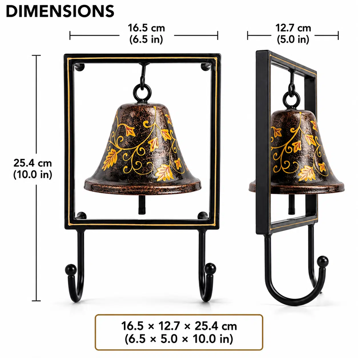 Vedas One Ghanti Grace Organizer Metal Hanging Bell Key Holder | Decorative Wall Mounted Key Rack with 2 Hooks | Handcrafted Bell Wall Decor for Entryway, Living Room & Home Organization - Image 5