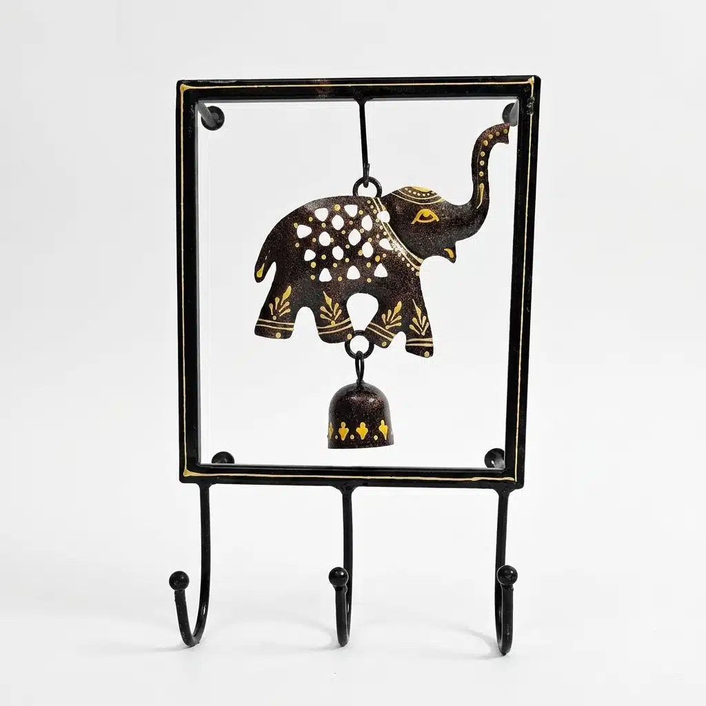 Vedas Shubh Gajraj Key Holder with Bell | Handcrafted Elephant Wall Mounted Key Rack with 3 Hooks | Decorative Metal Key Organizer for Entryway, Living Room & Home Décor - Image 3