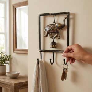 Vedas Shubh Gajraj Key Holder with Bell | Handcrafted Elephant Wall Mounted Key Rack with 3 Hooks | Decorative Metal Key Organizer for Entryway, Living Room & Home Décor