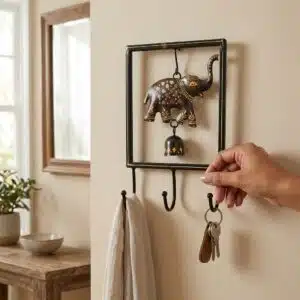 Vedas Shubh Gajraj Key Holder with Bell | Handcrafted Elephant Wall Mounted Key Rack with 3 Hooks | Decorative Metal Key Organizer for Entryway, Living Room & Home Décor